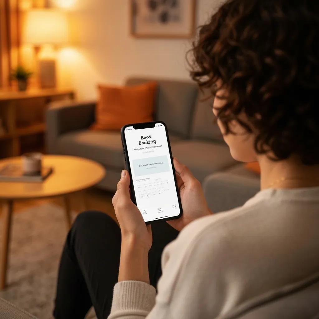 Person booking a radiology appointment online using a smartphone in a home setting