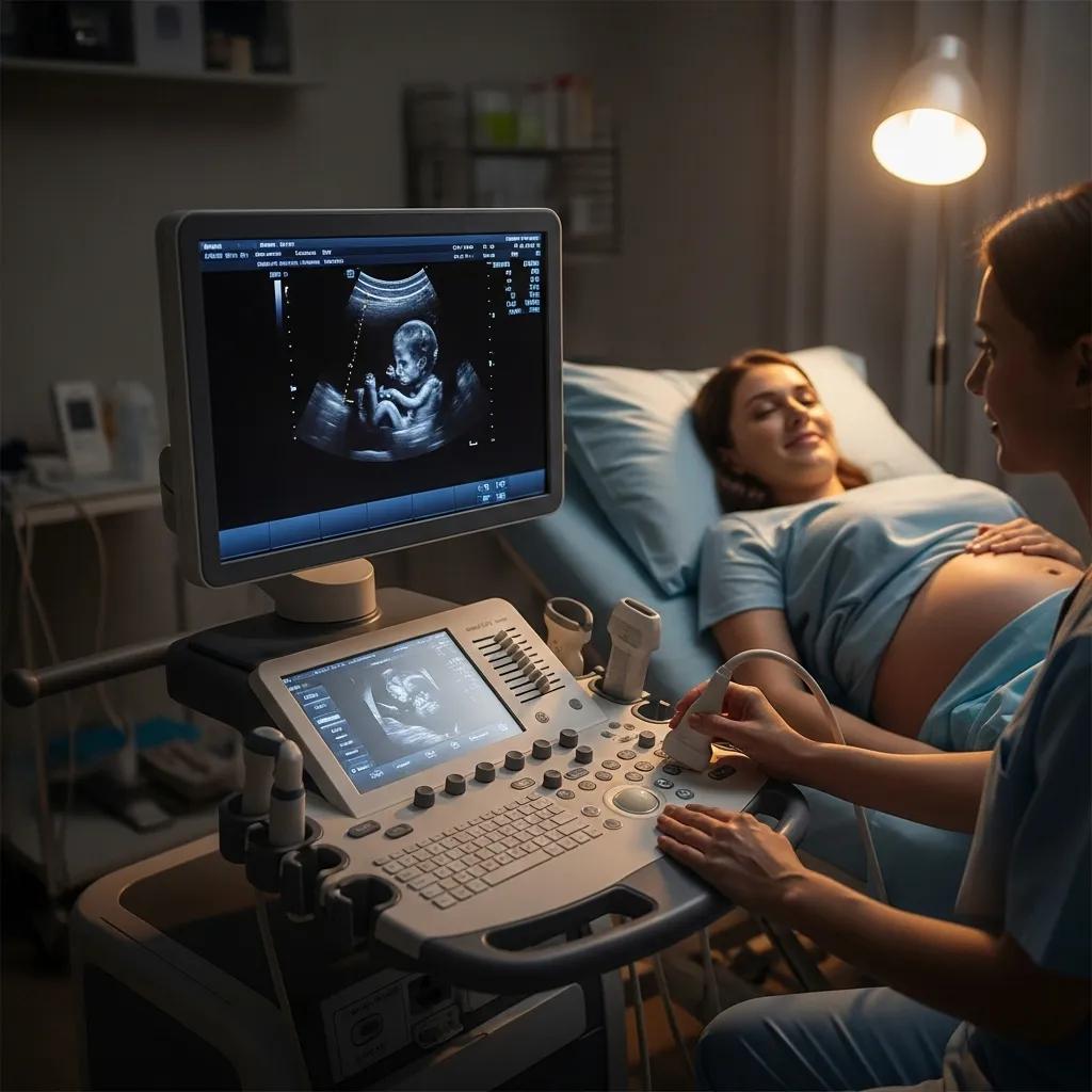 Pregnant patient having a safe ultrasound scan in a clinic setting