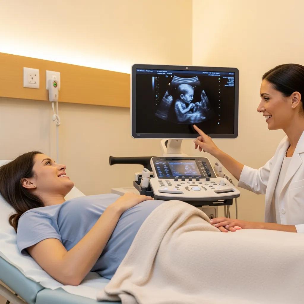 Pregnant patient receiving an ultrasound with a sonographer explaining the procedure