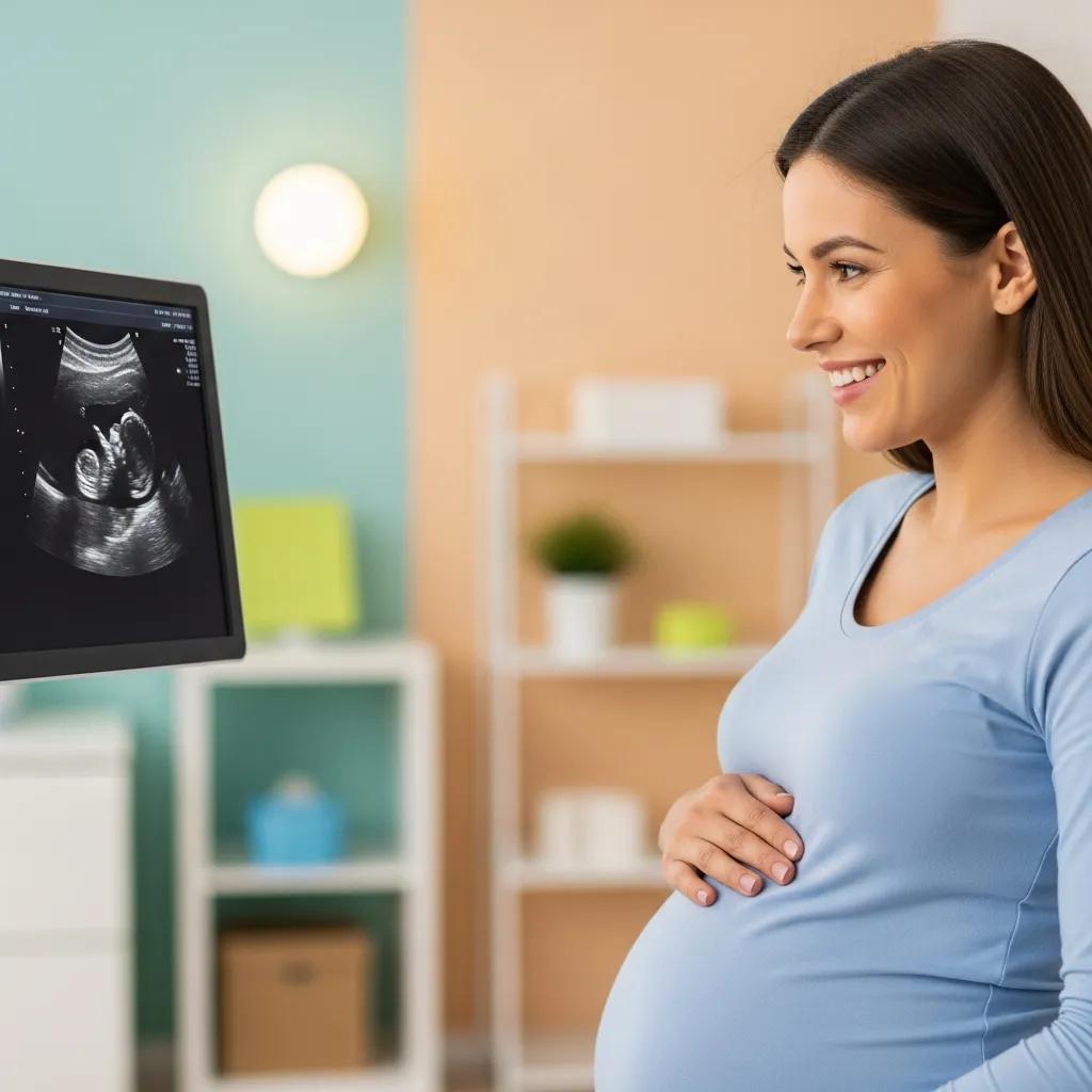 Pregnant patient viewing ultrasound image in clinic