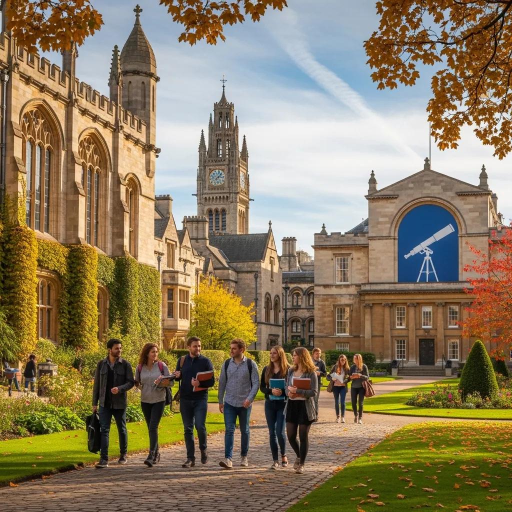 Iconic UK university campus with students, reflecting strong academic and research traditions