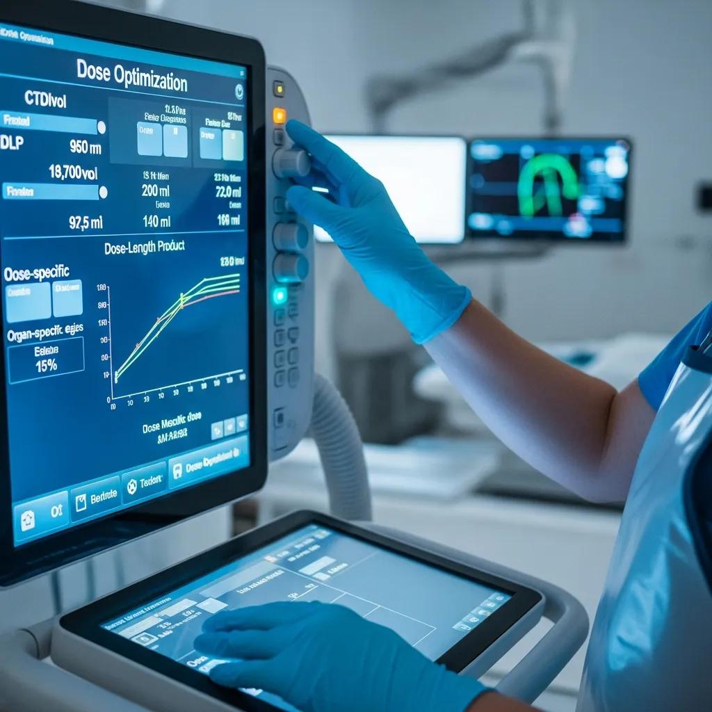 Radiographer adjusting CT dose optimisation settings on a scanner console