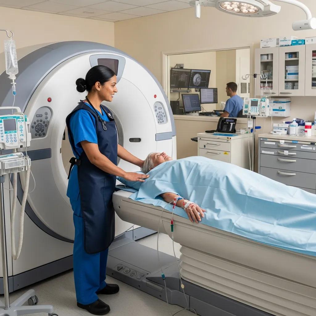 Radiographer operating imaging equipment and caring for a patient in a clinical setting