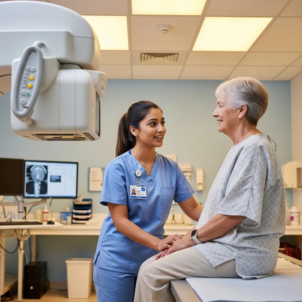 Radiography professional in scrubs providing patient care and support in a clinical imaging environment, with imaging equipment and monitors in the background, illustrating patient interaction and diagnostic services.