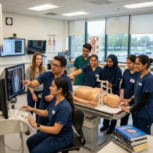Students learning radiography in a modern classroom with medical imaging equipment