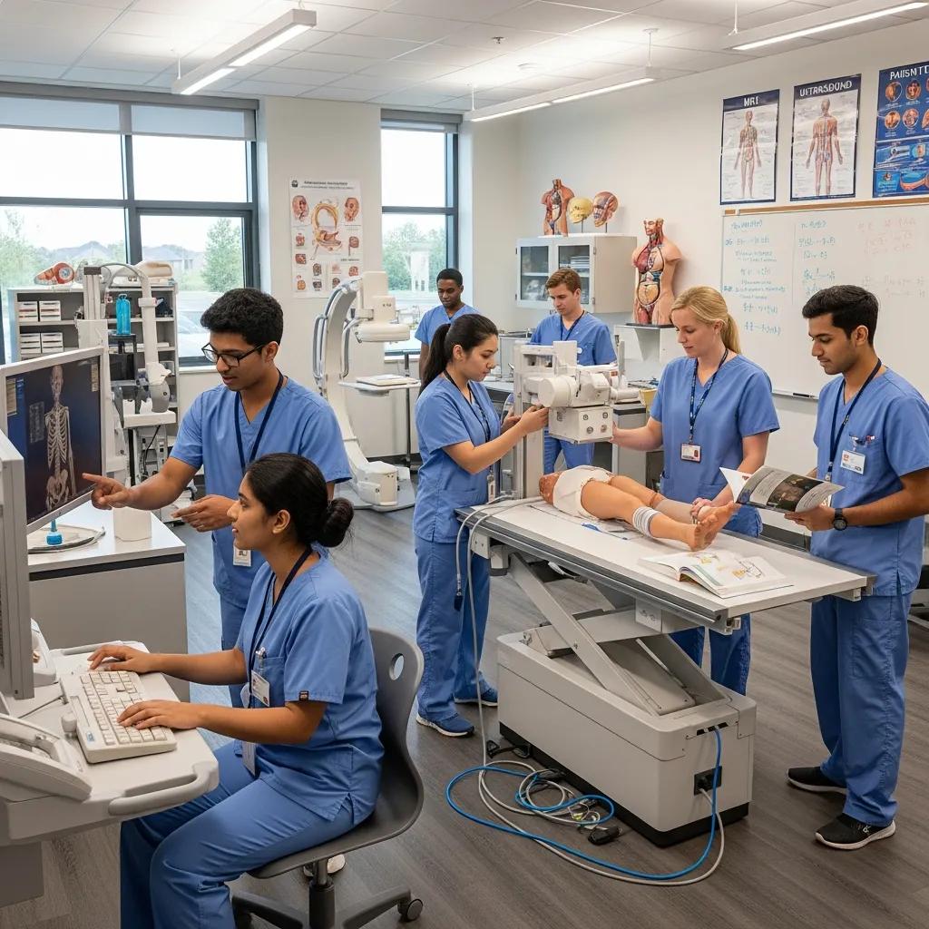 Radiography students engaged in hands-on learning with advanced imaging equipment