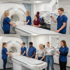 Radiography students engaging with medical imaging equipment in a classroom setting