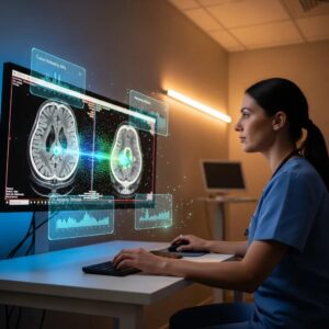 Radiologist analyzing AI-enhanced medical imaging data in a modern imaging room
