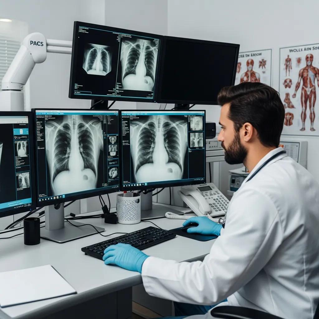 Radiologist at Life Medical Imaging Central Coast reviewing chest X‑ray images on a diagnostic monitor