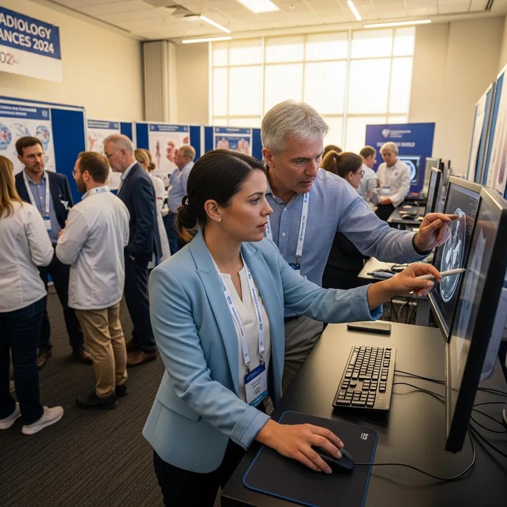 A radiologist taking part in professional development, studying imaging cases and attending training