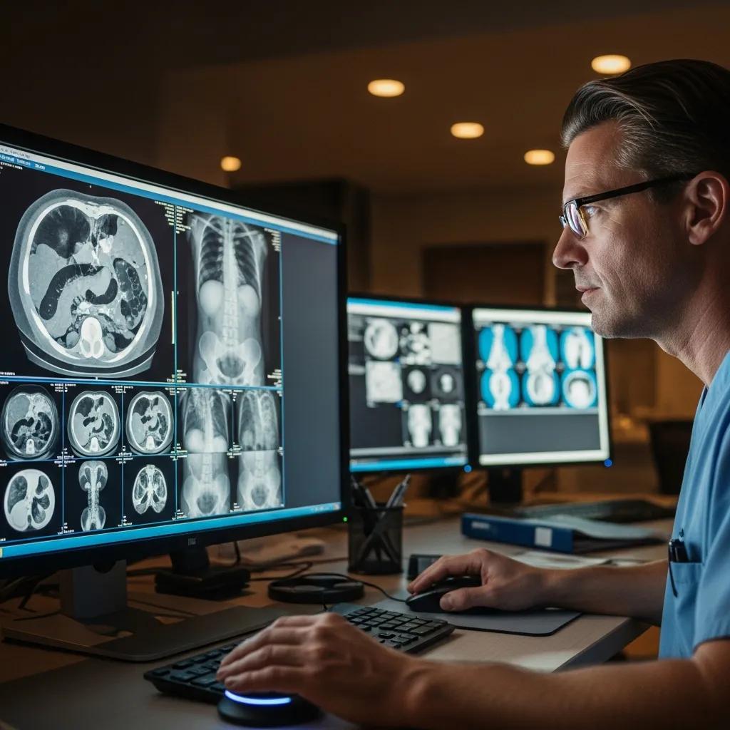 Radiologist reviewing CT and X-ray images on multiple monitors, highlighting the importance of imaging in diagnosing medical conditions.