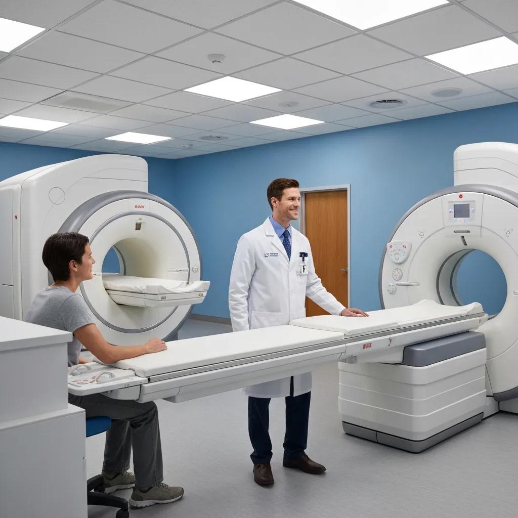 Radiology clinic interior with advanced imaging equipment and a technician assisting a patient