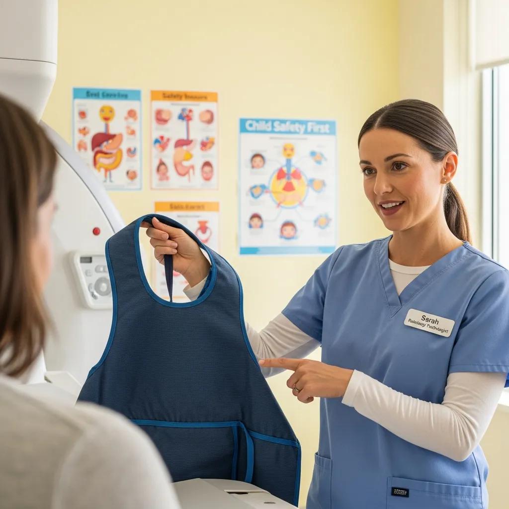 Radiographer explaining safety steps to a parent in an imaging room