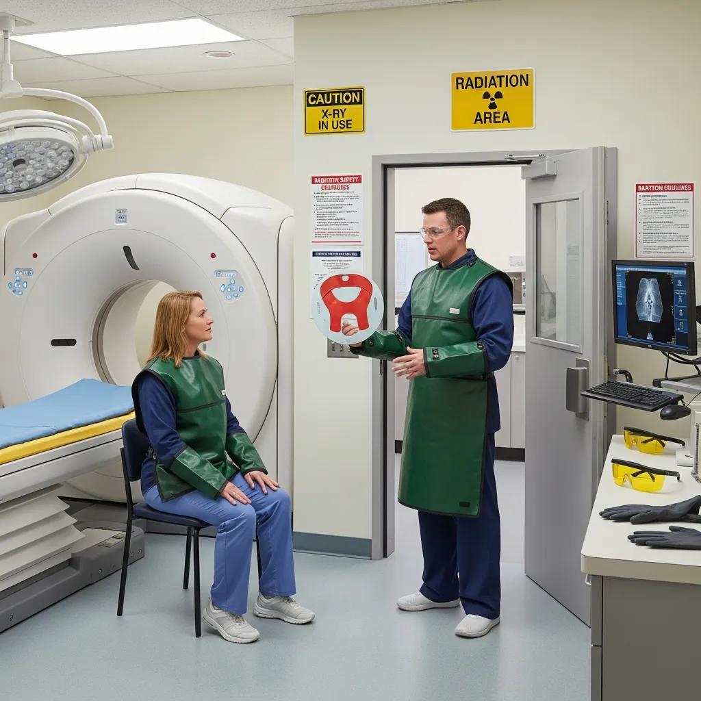 Radiographer discussing safety steps with a patient before a scan, reflecting clear procedures and patient care