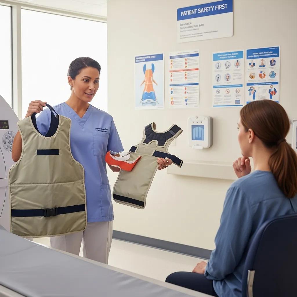 Radiographer explaining safety checks to a patient in a comfortable imaging room