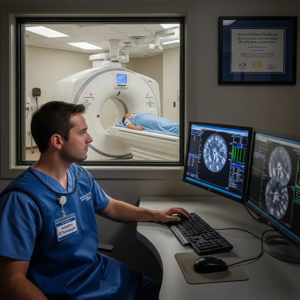 Radiology technician operating a CT scanner, patient undergoing imaging, quality assurance and accreditation displayed in a medical facility.