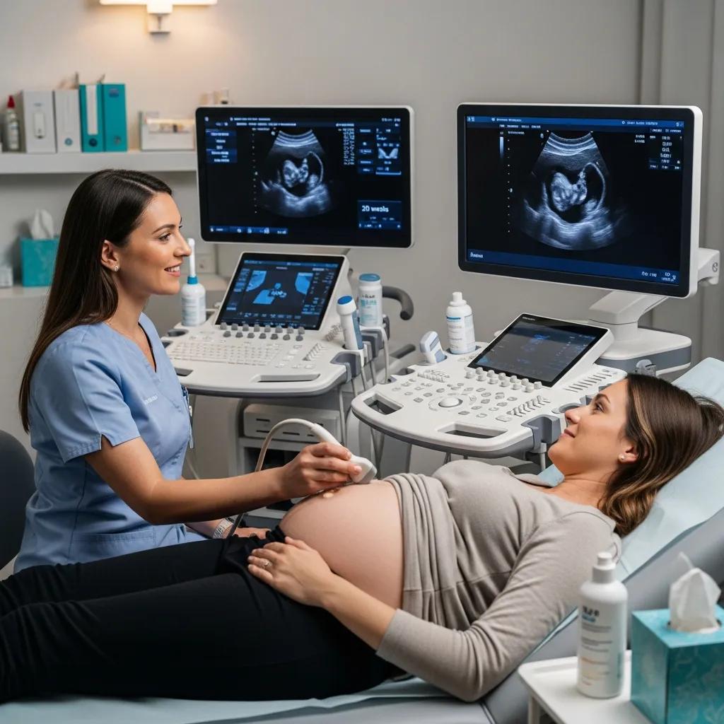 Sonographer performing a prenatal ultrasound while a monitor shows fetal images
