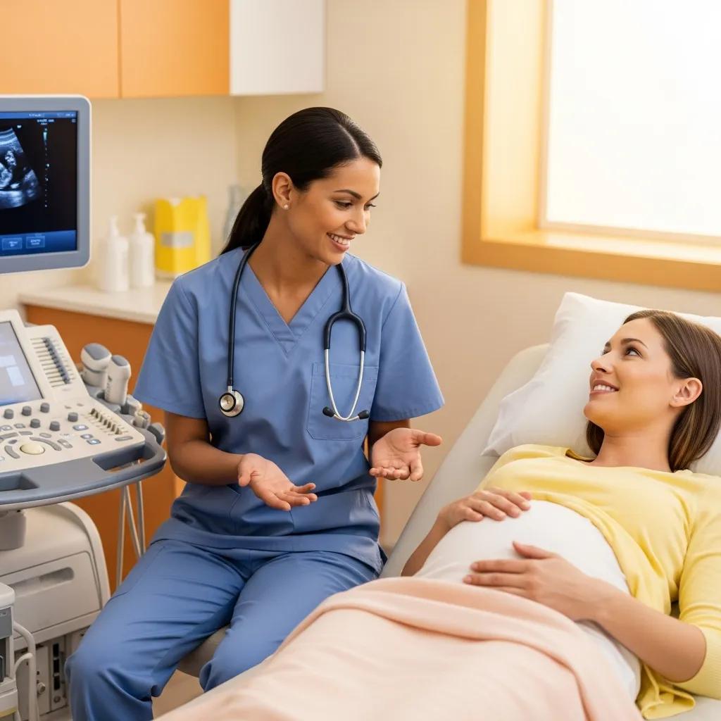 Sonographer discussing ultrasound safety with a patient in clinic