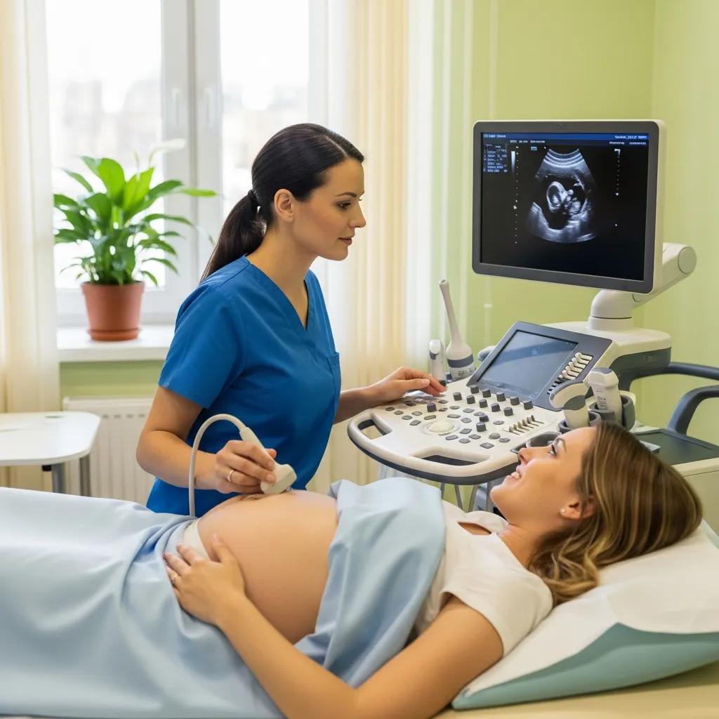 Sonographer performing an obstetric ultrasound on a pregnant woman in a clinic, with ultrasound monitor displaying fetal images, highlighting safe, radiation-free imaging for prenatal assessments.