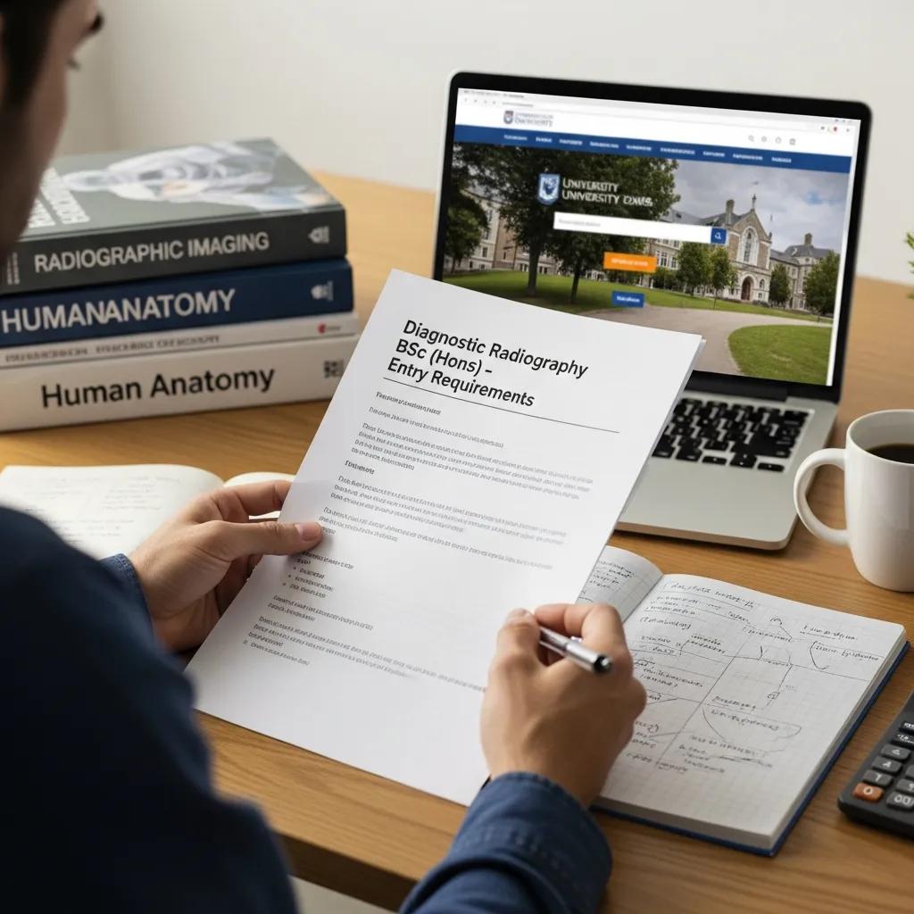 Student reviewing entry requirements for a Diagnostic Radiography BSc (Hons) degree, with study materials including anatomy books and a laptop displaying university information.