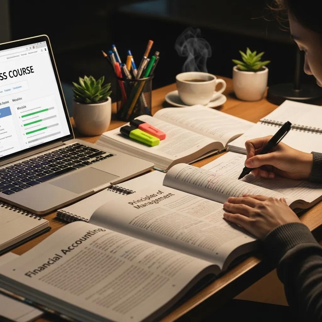 Student studying business textbooks and laptop in a study area