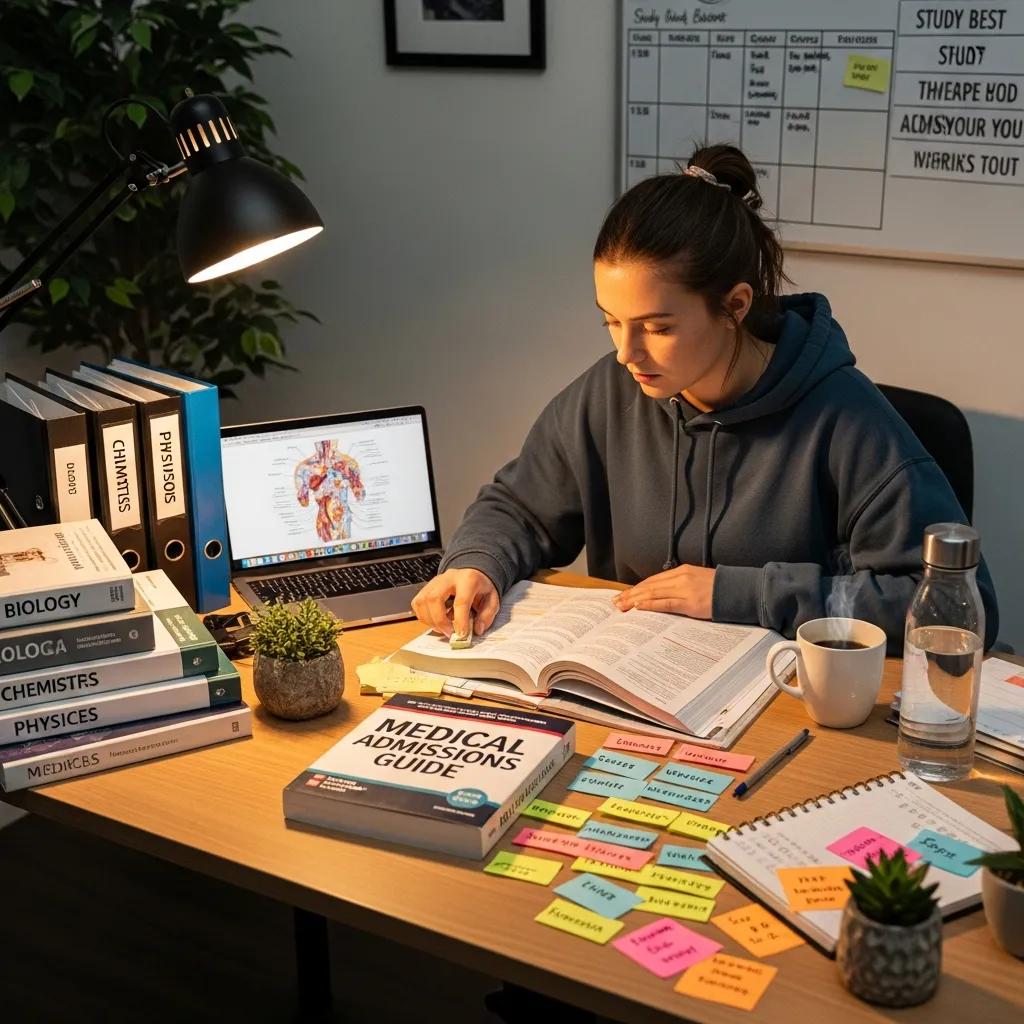 Student preparing for medical admissions tests with textbooks and notes