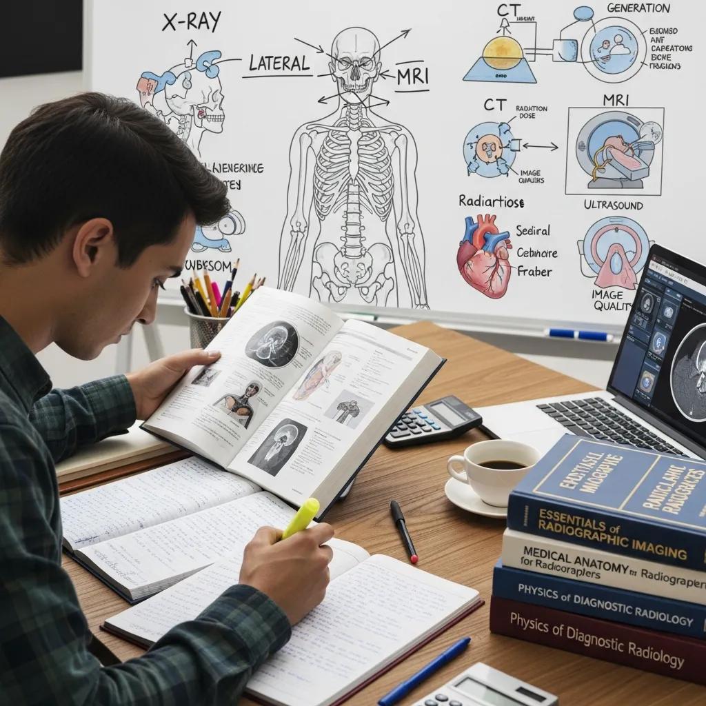 Student studying radiography with anatomy diagrams, textbooks on medical imaging, and a laptop displaying diagnostic images, emphasising practical learning in diagnostic imaging environments.