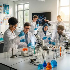 Students collaborating in a laboratory, emphasizing hands-on learning in applied science