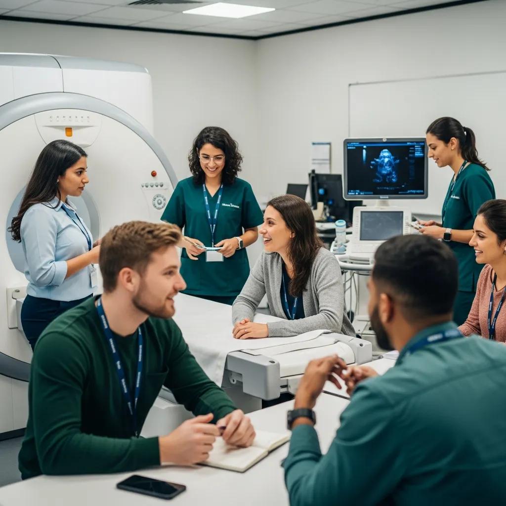 Students engaged in a diagnostic imaging course with medical equipment in a modern classroom