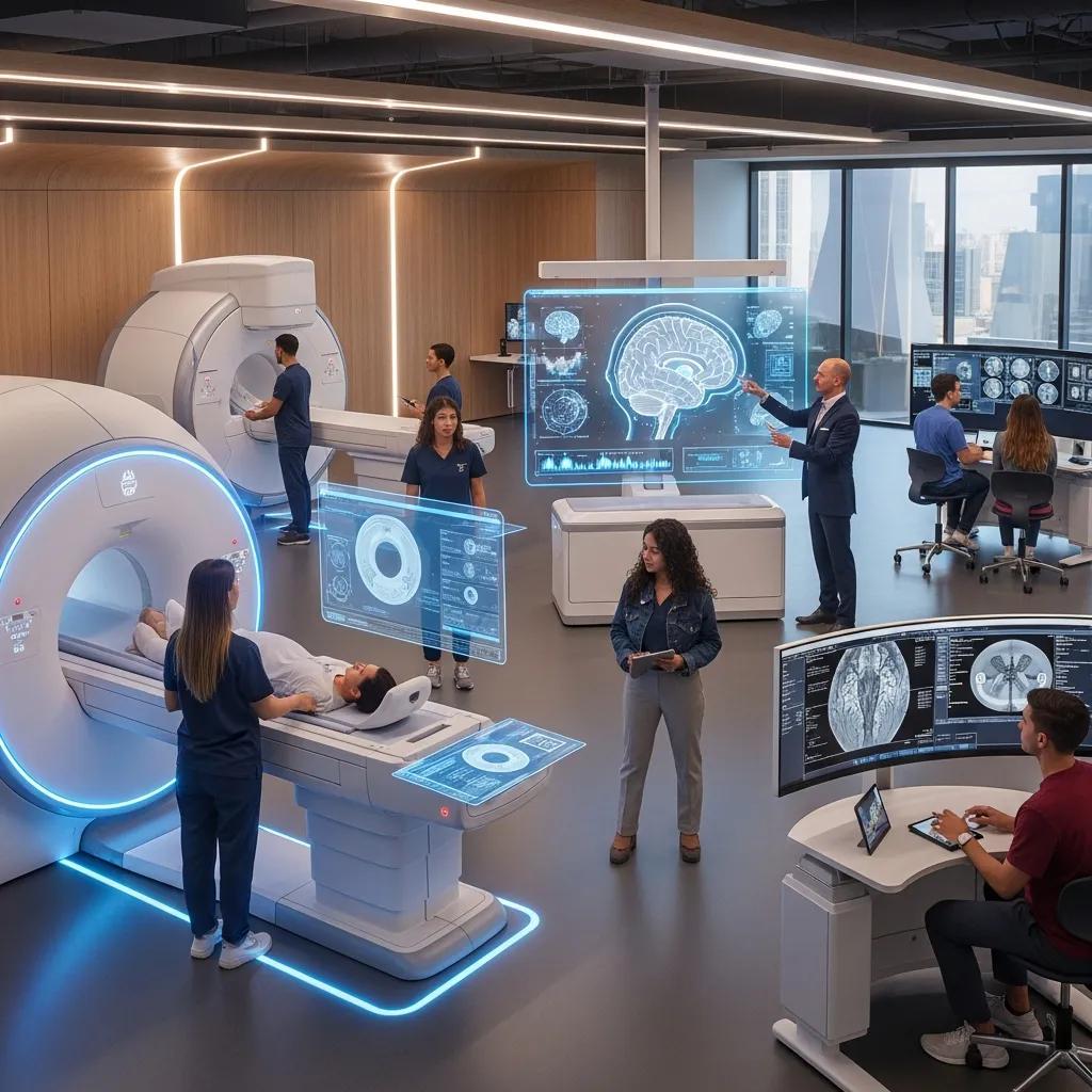 Students and professionals engaging with advanced medical imaging technology in a modern educational setting, featuring MRI and digital displays of brain scans and diagnostic data, highlighting the integration of AI and hands-on training in medical imaging education.