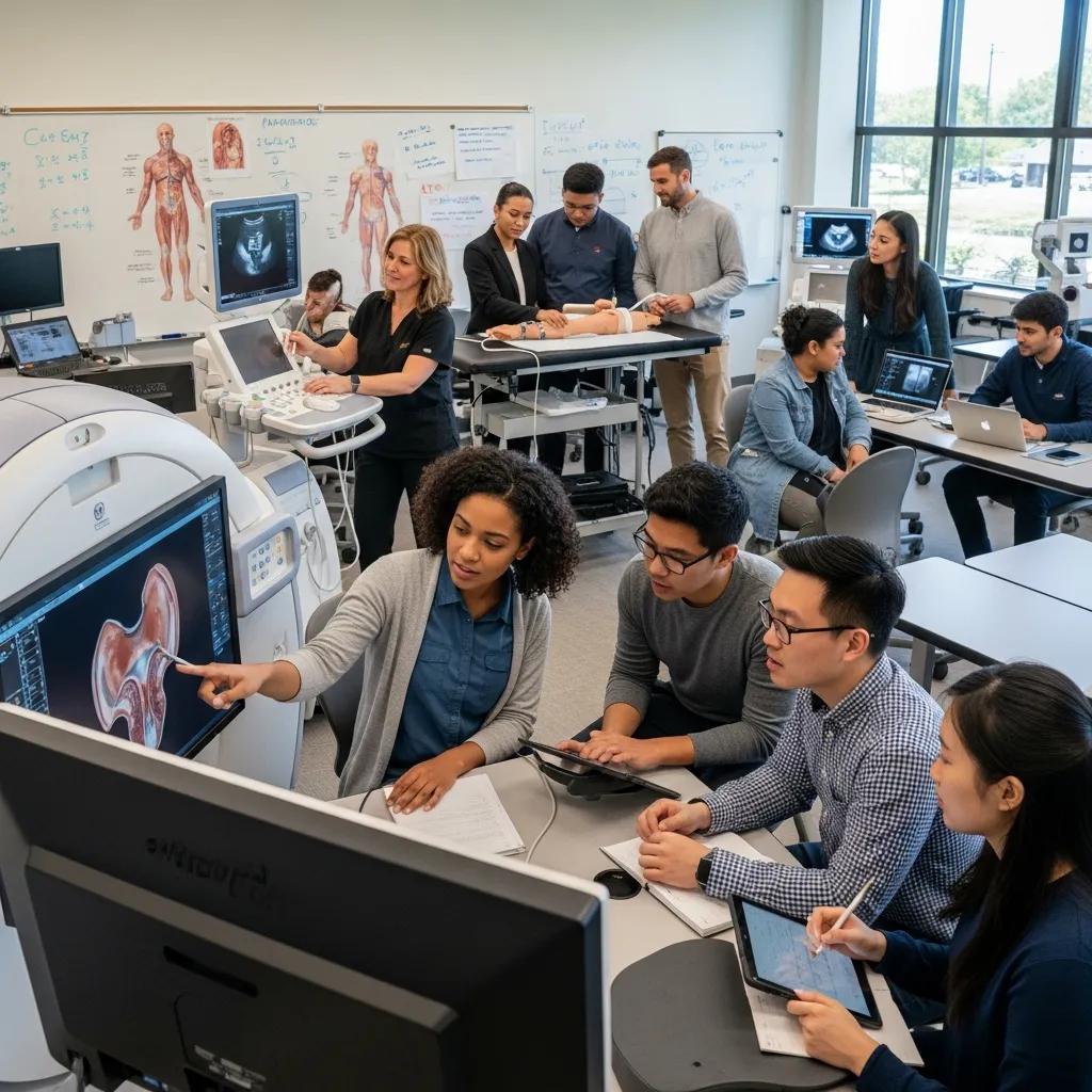 Students learning practical imaging skills in a classroom — collaborative education for future technologists