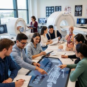 Students learning about radiology and medical imaging in a modern classroom