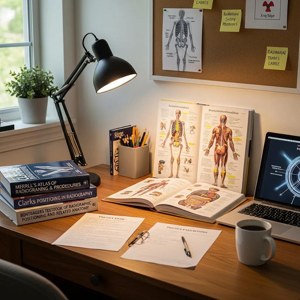 Textbooks, atlases and study notes for radiography laid out on a desk