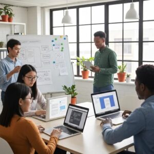 Team collaborating on AI document automation in a modern office