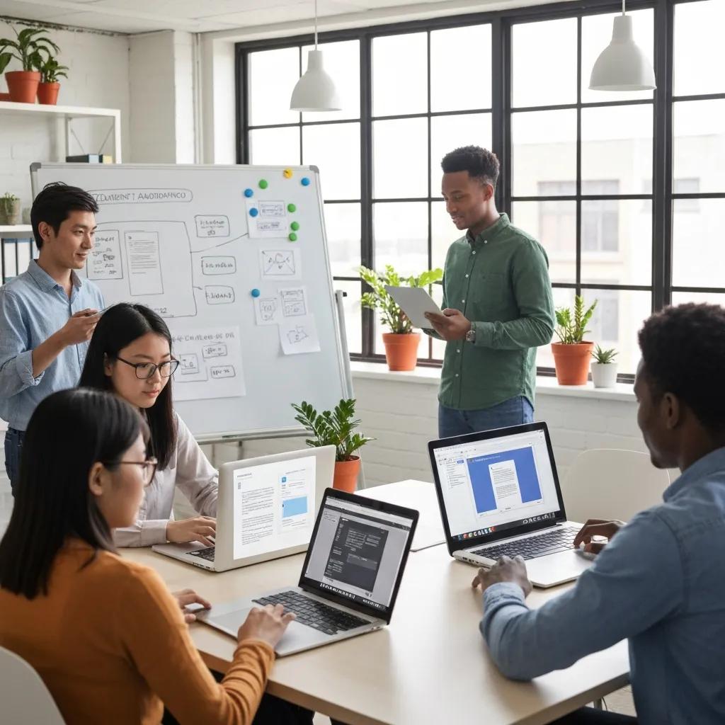 Team collaborating on AI document automation in a modern office