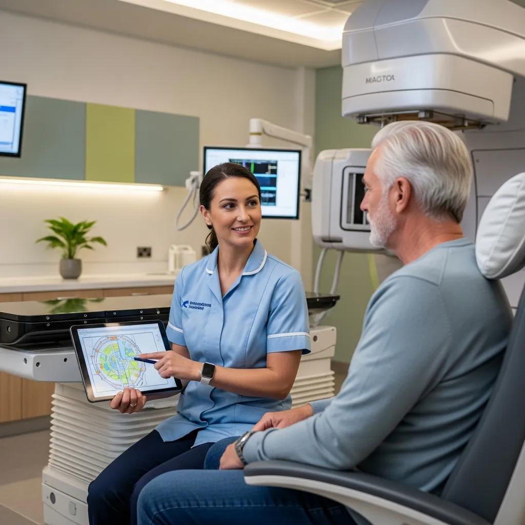 Therapeutic radiographer discussing a radiotherapy plan with a patient