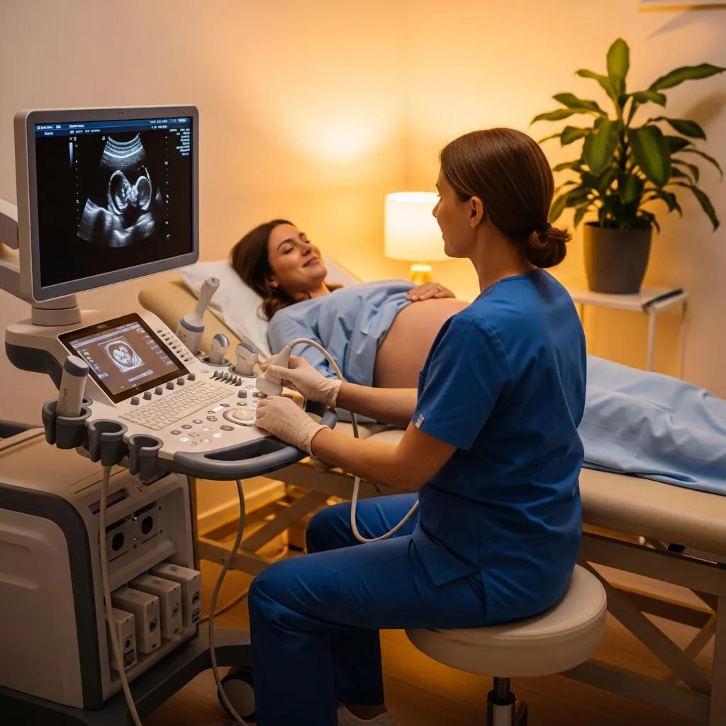 Sonographer performing an ultrasound with a clear fetal image displayed
