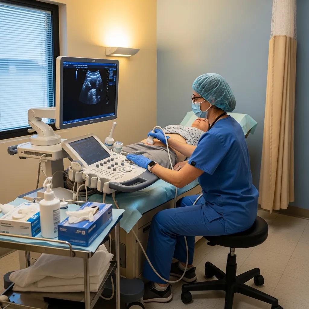 Ultrasound scan in progress with clinician and patient