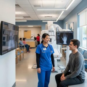 Urgent medical imaging clinic with healthcare professional and patient interaction