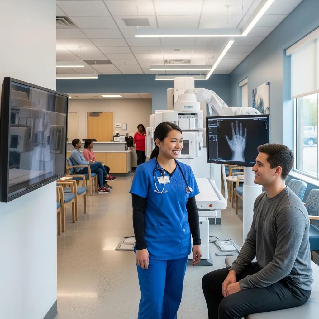 Urgent medical imaging clinic with healthcare professional and patient interaction