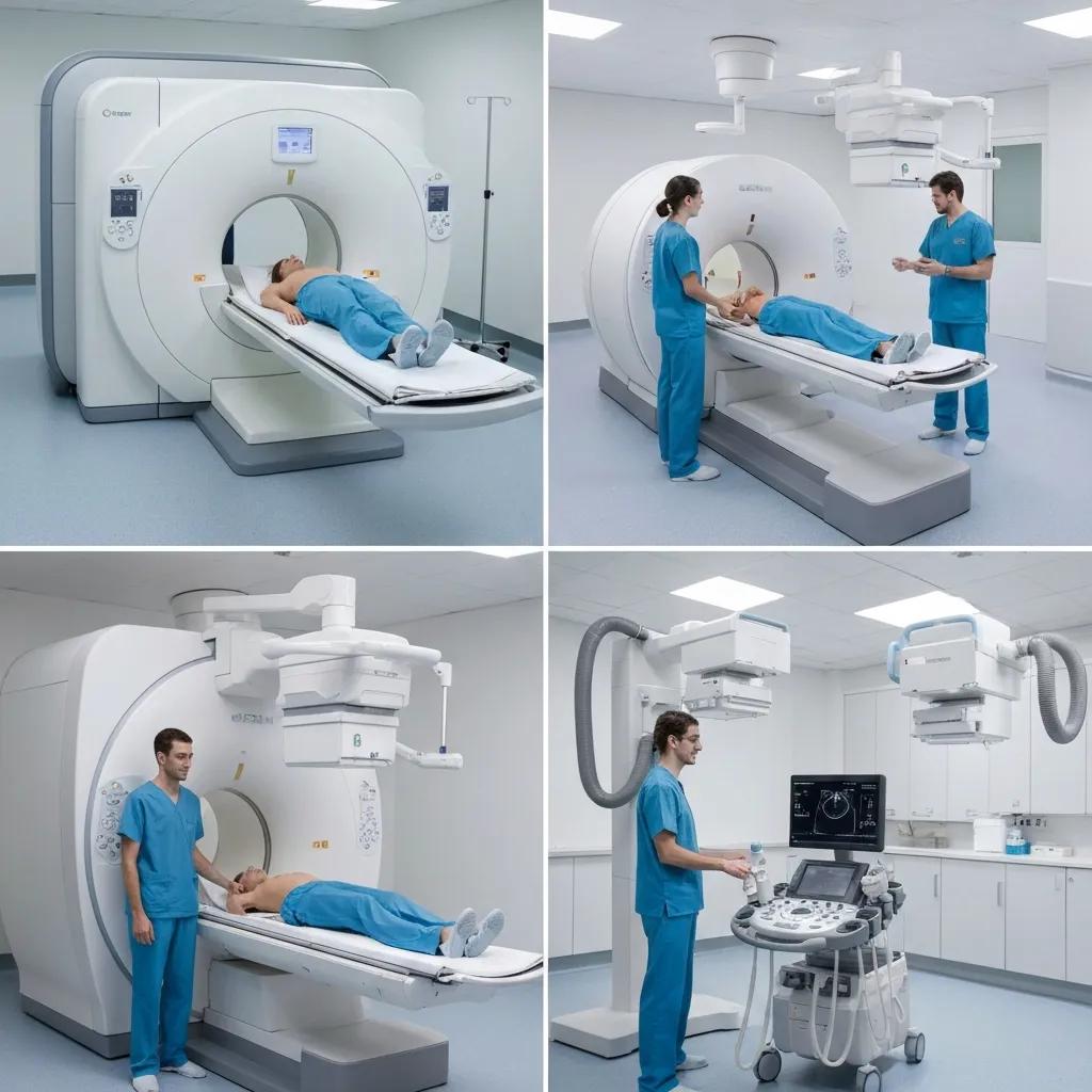 Variety of diagnostic imaging modalities including MRI, CT, ultrasound, and X-ray in a clinical environment