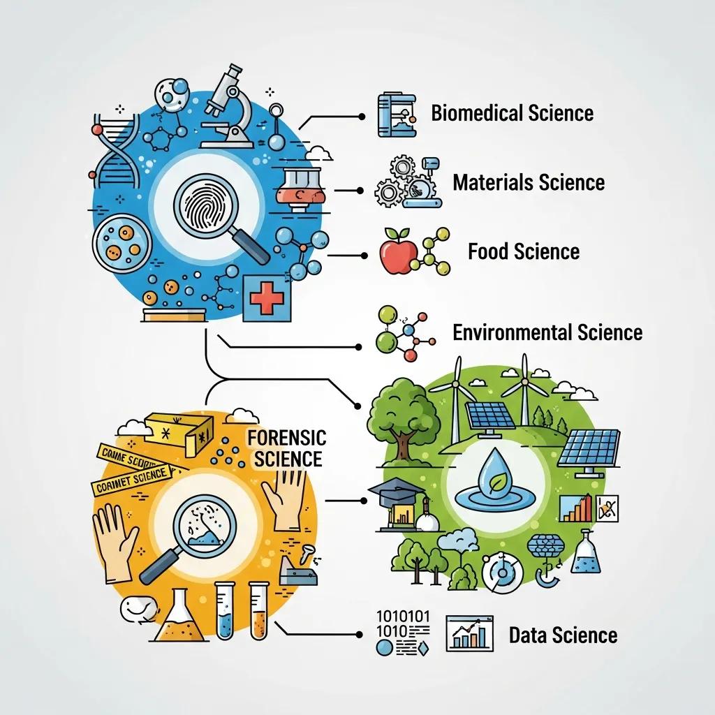 Icons representing applied science specialisations such as biomedical, forensic and environmental science