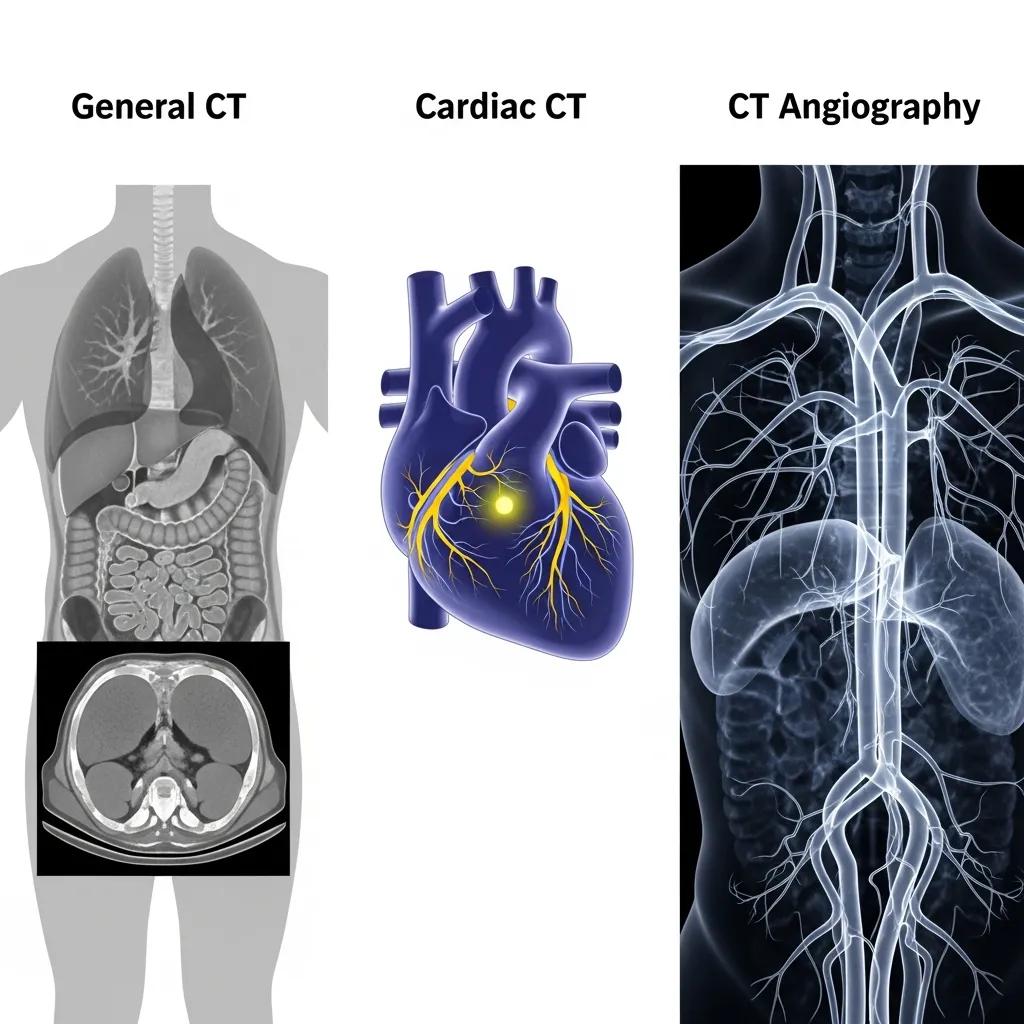 Illustration of CT scan types: General CT, Cardiac CT and CT Angiography