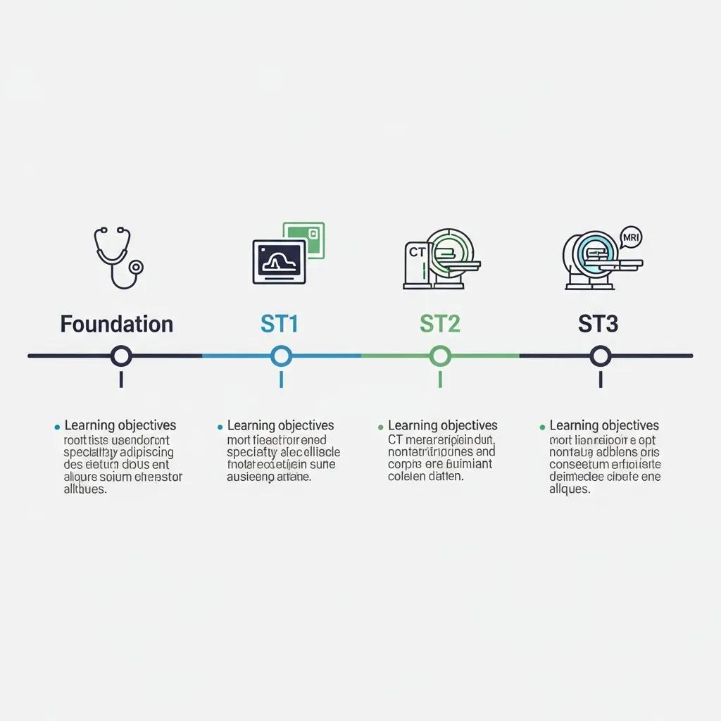 Diagram showing the stages of radiology training: Foundation, ST1, ST2 and ST3, with milestone icons