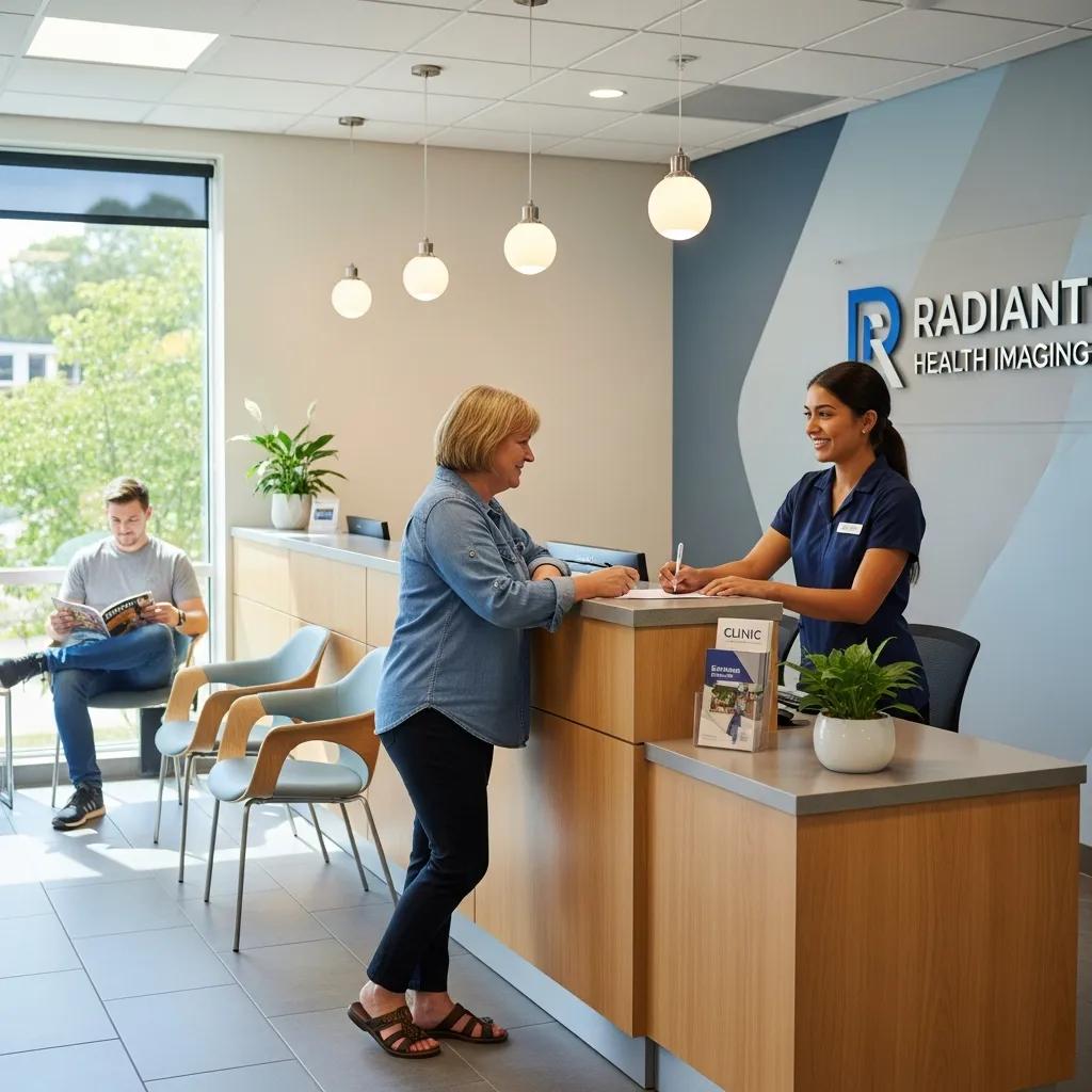 Friendly radiology reception area with staff welcoming patients