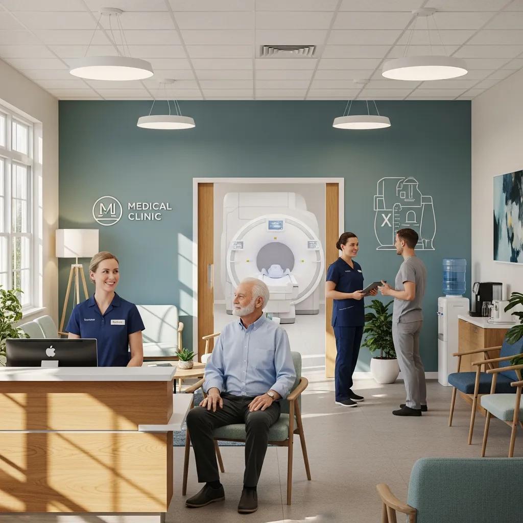 Welcoming medical imaging clinic reception with friendly staff and equipment