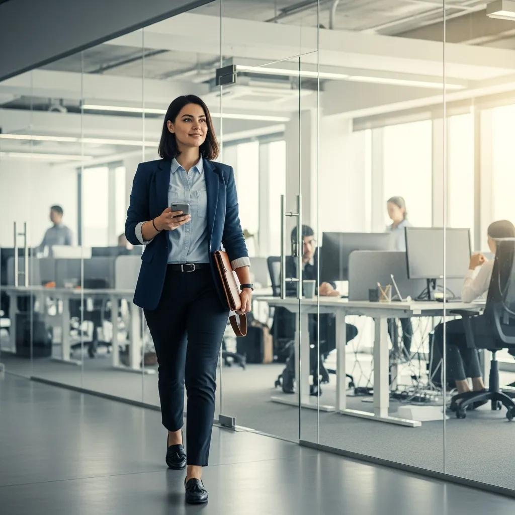 Business graduate walking through a modern office environment