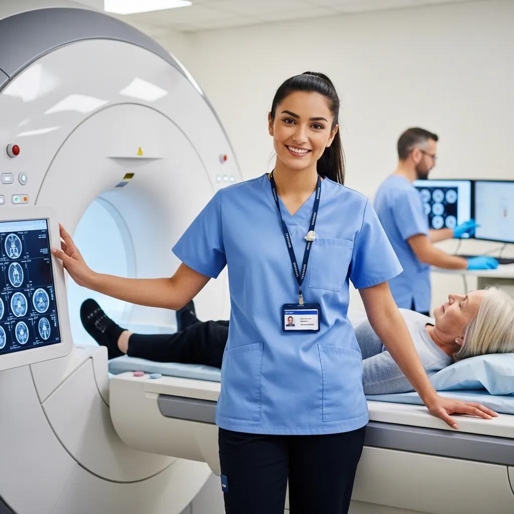 Early-career radiographer interacting with patients and imaging equipment in a clinical setting