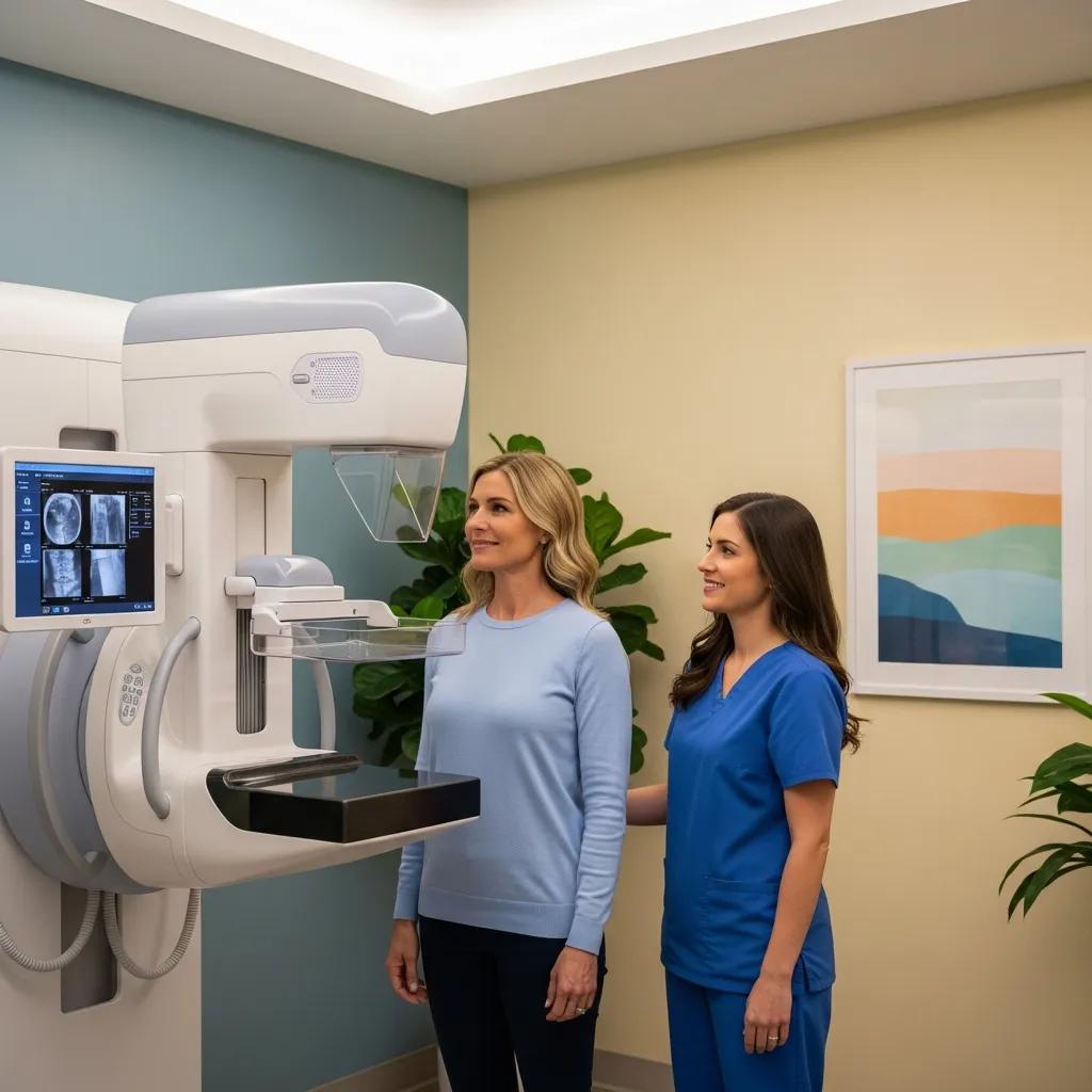 Female patient receiving a mammogram in a comforting medical environment