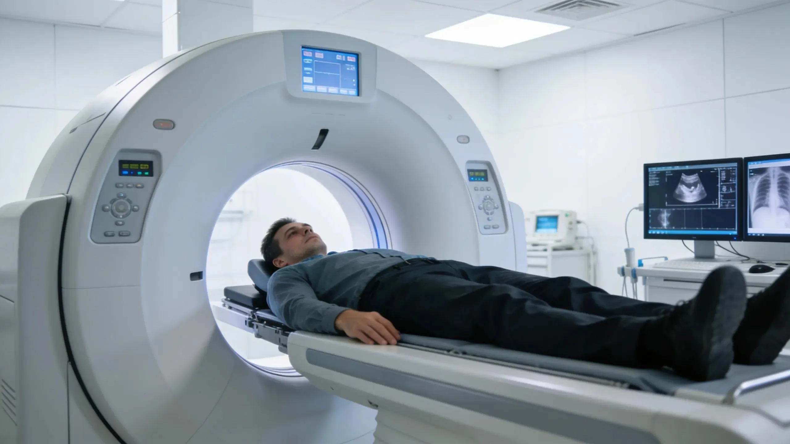 Patient undergoing a CT scan in a modern radiology facility